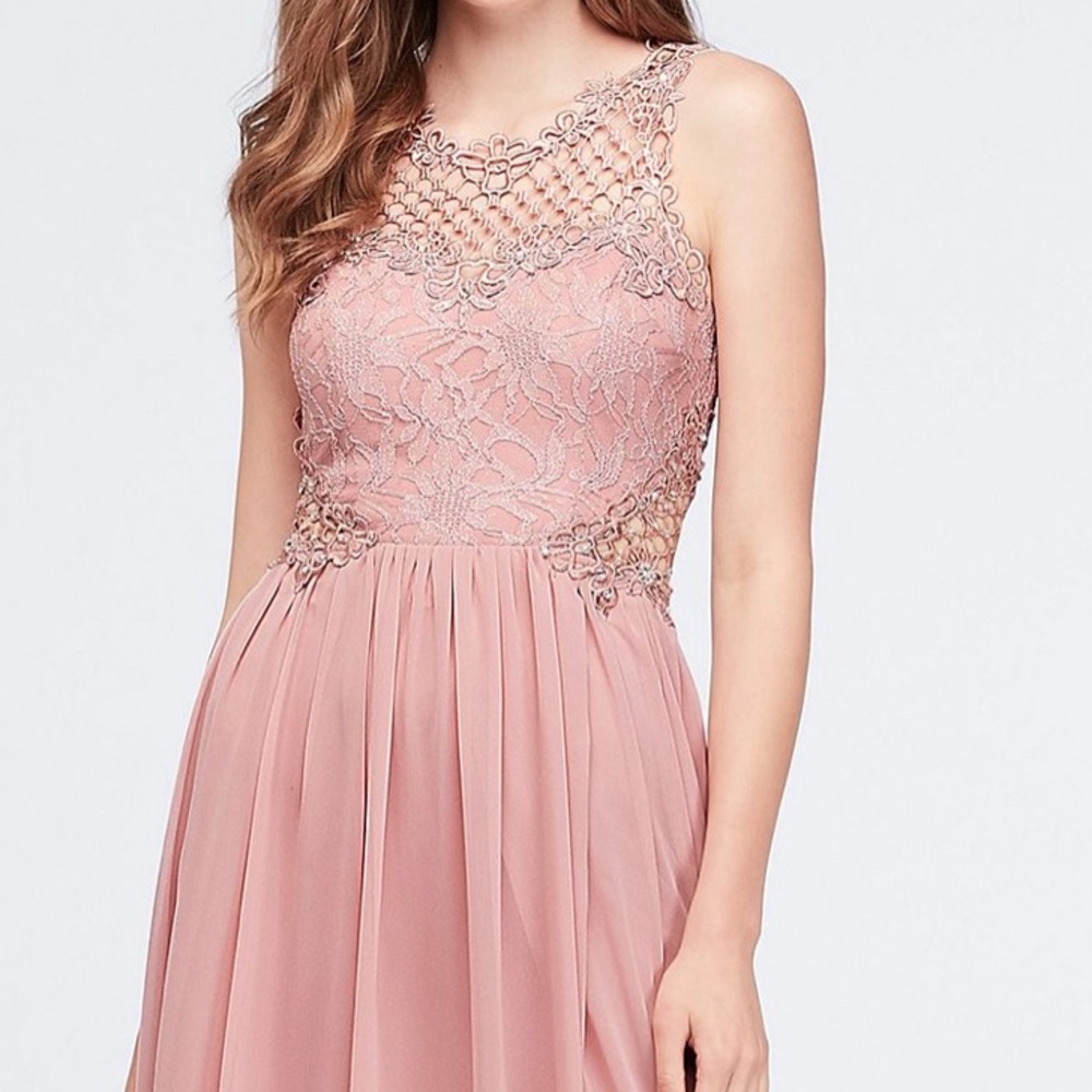 David’s Bridal City Triangles Long Formal Dress Chiffon Lace Crystals Blush 7